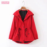 Lapel Loose Long-sleeved Drawstring Waist Red Chic Women's Jacket Windproof Simple Candy-colored Female Coat