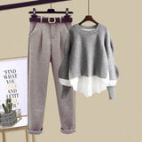 Women Pullover Knitted Patchwork Tops And Tweed Long Pants Sets Spring Female Two Piece Set Korean Casual Women Outfits