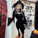 Halloween New Women's Dress Suit Hat Horn Sleeve Spider Web Dress-Outfit