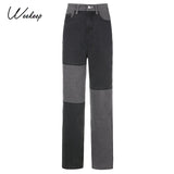 Patchwork Fashion Cargo Jeans Women High Waist Buttons Fly Streetwear Straight Pants 90s Retro Punk Straight Denim