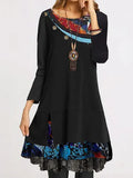 Fongt Dress Women's Print Loose Long Sleeved Round Collar