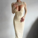 For Spring Women's Clothes Sexy Black Midi Dress Club Evening Party Prom Mesh 2 Piece Casual Corset Dresses