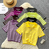 Fongt Knitted Women 2025 Summer South Korea Ins New Trendy Sleek Striped T-Shirt Women's Tops