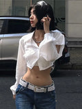 Blouse Hollow Out Crop Top Y2K Clothes Long Sleeve Top Autumn Spring Solid Turn Down Collar Streetwear Button Up