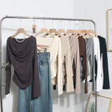 Real Shooting 褶皱 Irregular Swing Long Sleeve T-Shirt Women's Autumn/Winter New Dressed T-Shirt With A Top