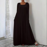 Fongt New Long Dress Casual Loose Long Sleeve Solid Color Collar Dress