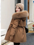 Hooded Jacket Woman Warm Fur Lining Cotton Padded Parka Female Drawstring Basic Coat Windproof Women Jacket