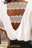 Back V-shaped Hollow Lace Stitching Pullover White Blouse Fashion Sexy V-neck Autumn and Winter Long-sleeved Shirt