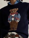 Fongt New Women's Bear Embroidered Retro Body Sweater College Style Knitted Shirt Top