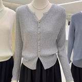 Gentle Style Sweater Spring And Autumn New Solid Color Gold Button V Neckline Sweater Cardigan Short Outer Coat-Outfit