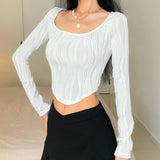 Fongt Women's Clothing 2025 Autumn Explosion U Collar Top Water Corrugated Body-Closing Sexy Long-Sleeved T-Shirt Girl