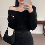 New 2022 Chic Korean Fashion Off Shoulder Sweater Knitted Women Autumn Winter Elegant Lady Short Pink Tops