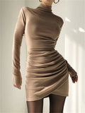 Women Turtleneck Bodycon Dress Fall Spring Office Lady Long Sleeve High Waist Pleated Irregular Hem Mini Dress for