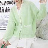 Long-Sleeved Knitted Cardigan V-Collar Warm Soft Style Design Feeling First Love Blouse Female Pink Soft Waxy Coat Autumn-Outfit