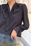 White Bow 2023 Sweet Chiffon Blouses Loose Tops Korean Flare Long Sleeve Shirts Women Autumn Female Ropa De Mujer