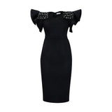 Fongt Women's Clothing 2025 New Round-Neck Lotus Leaf Sleeves Open Nail Beads OL Dress Dress Dress Dress