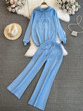 Fongt Suit Women's Korean Version Of Loose Knitted Hoodie Two Sets Of Leisure High-Rise Thin Straight Broad Leg Pants