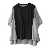 Plaid Patchwork Loose T-shirt Women's Clothing Summer Half Sleeve Casual All-match Shirring Stylish O-Neck Pullovers-Outfit