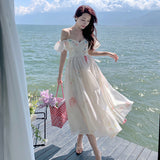 Fongt One-Word Shoulder-Sling Sling Dress Woman Gentle Wind Chopped Flower Bubble Sleeve Yarn Fairy Dress 1956