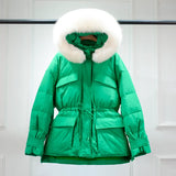 Huge Real Raccoon Fur Hooded Waterproof Winter Duck Down Jacket Women Fashion Female Parkas Sash Tie Up Puffer