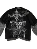 Fongt New Street Trendy Skull Graffiti Print T-Shirt Fake Two-Piece Casual Long-Sleeved T-Shirt
