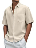 Fongt New Men's Solid Color Loose Comfortable Buffly Striped Short-Sleeved Button Lining