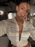Fongt Sleeze-Colored Striped Knitted Zip-Up Collar Fashion Style Every Day Casual Coat Woman