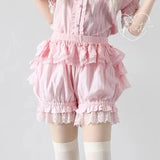 Lolita Safety Shorts Pink Girl Kawaii Lace Ruffle Cotton Underwear Tiered Pumpkin Short Pants Victorian Gothic JK Bloomers-Outfit