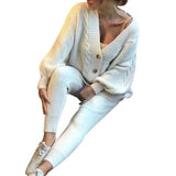 Knitted Tracksuit Women V Neck Cardigan Sweater And Elastic Pants Women's 2 Piece Set Knitting Suit 2021 Autumn