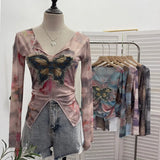 Fongt Shooting Amount Of Bumpy Tulle Spliced Denim Butterfly Design Sunscreen Coat V Collar Short T-Shirt 1965