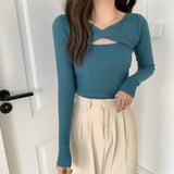 Fongt Slend Hollow Long-Sleeved Knitted Shirt Girl 2024 Spring And Autumn Careful Machine Slimming V Collar Hooded Apricot Color
