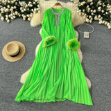 Fongt 2025 New Elegant Solid Dress Round Collared Loose Hair Splicing 100 Folding Long Dress
