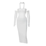 Women Fashion Halter Strapless With Gloves Backless Buttons Sexy Bodycon Maxi Dress Fall Wedding Party Y2K Clothes-Outfit