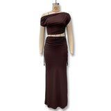 Fongt Spring And Summer New Women's Solid Color Tie With Slanted Shoulder Dress Open Skirt Dress Suit