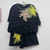 Fongt Set European Dress Design Butterfly Set Drill Short Sleeve T-Shirt Blouse Woman + Tight Waist Broad Leg Shorts Two Sets