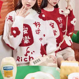Fongt Waxy This Year Thick Sweater Female 2024 Dragon Autumn Winter Festival Red Loose New Year Sweater Jacket-Outfit