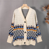 New 2021 Women's Autumn Winter Sweaters V-Neck Oversized Elegant Buttons Cardigans Checkered Vintage Tops