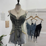 Fongt Shot Vintage Babes With Thaired Hairy Denim Sling Vest Short Umbilly Sleeveless Top 2690