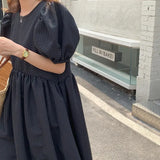 Chic Summer Round Neck Robe Contrast Color Lace Bow Polka Dot Puff Sleeve Women Midi