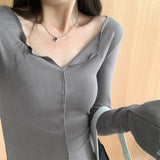 Girls Tight Agaric Edge V-Collar Long-Sleeved T-Shirt Women's Autumn New Thin Bottom Shirt Soft Waxy Inner Coat-Outfit