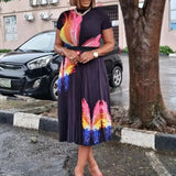 Fongt Large-Size Women's Summer Fashion Temperament Print Short-Sleeved Top Dress Folded Skirt African Suit