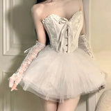 Bunny Angel Halloween Costumes Women V-Neck Camisole Crop Tops Mesh A-Skirt Suit Fairy Cosplay Christmas Party Dress Set-Outfit