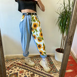 New Trend Sunflowers Printed Light Blue Jeans fit women young Girls soft denim long pant patchwork Harem hight waist