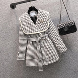 Women Autumn Winter Long Sleeve Coats Sailor Collar Plaid Tweed Jacket Korean High Waist Outwear Woolen
