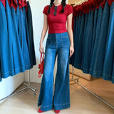 Fongt Blue Hanging Horn Jeans Women Spring And Autumn Small High-Waisted Loose Broad Legs Long Trousers