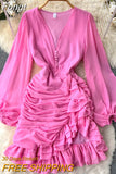 Women Chiffon Derss Spring Autumn Sexy V Neck Ruffles Bodycon Dresses Ladies Slim Pleated Beach Party Dress