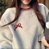 Embroidered Bow Round Neck Pullover Sweatshirt-Outfit