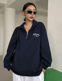 Fongt Women's Casual Half-Zip Embroidery Loose Long-Sleeved Eds