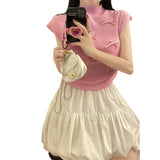 Fongt Wind Gentle Niche Bow High-Neck Short Sleeve New T-Shirt Summer Slimming Short Blouses