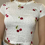 Fongt Casual Cherry Print Polka Dot Short-Sleeve T-Shirt Women's Round Collar Slim Slim Top-Outfit